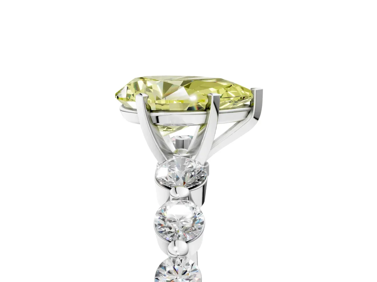 Fancy Yellow Pear Cut Solitaire Diamond Ring with Pave Band and Four-Prong Setting Silver