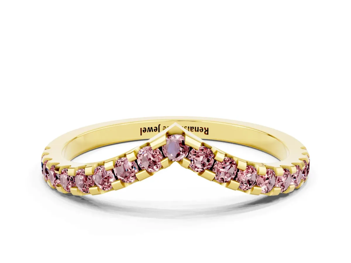 Pavé Round Morganite Chevron Band with Shared Prong Setting Yellow gold