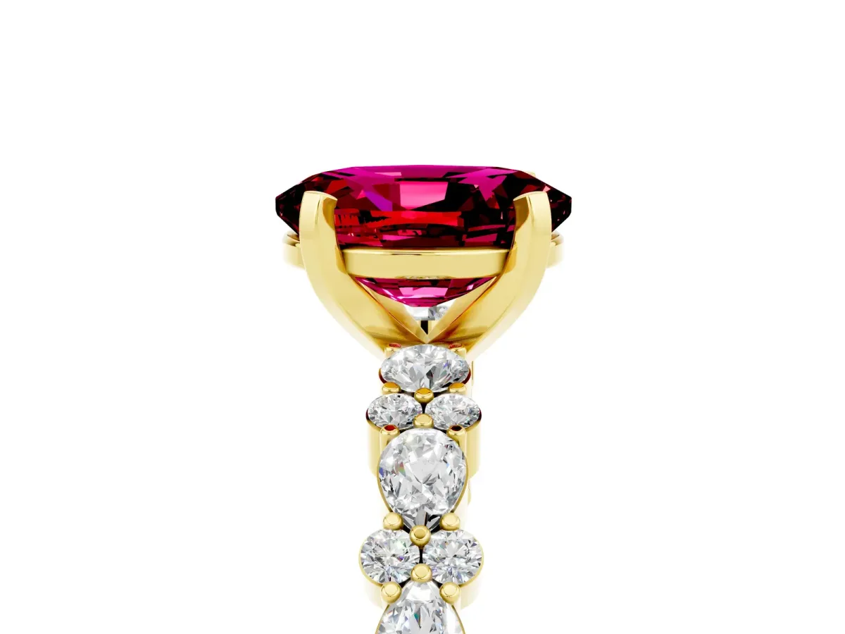 Oval Cut Garnet Side Stone Solitaire Ring with Round and Four-Prong Setting Yellow gold