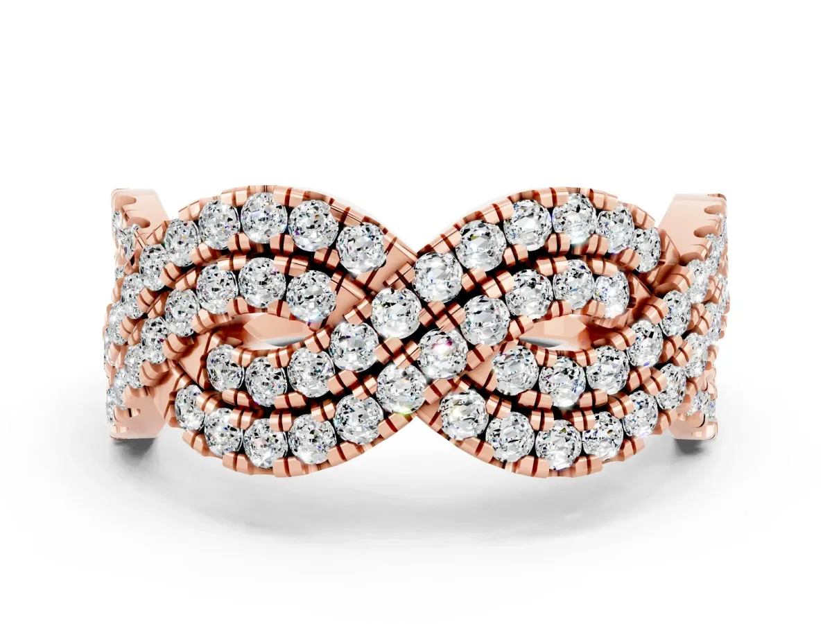 Pavé Round Moissanite Infinity Twist Band with Shared Prong Setting Rose gold
