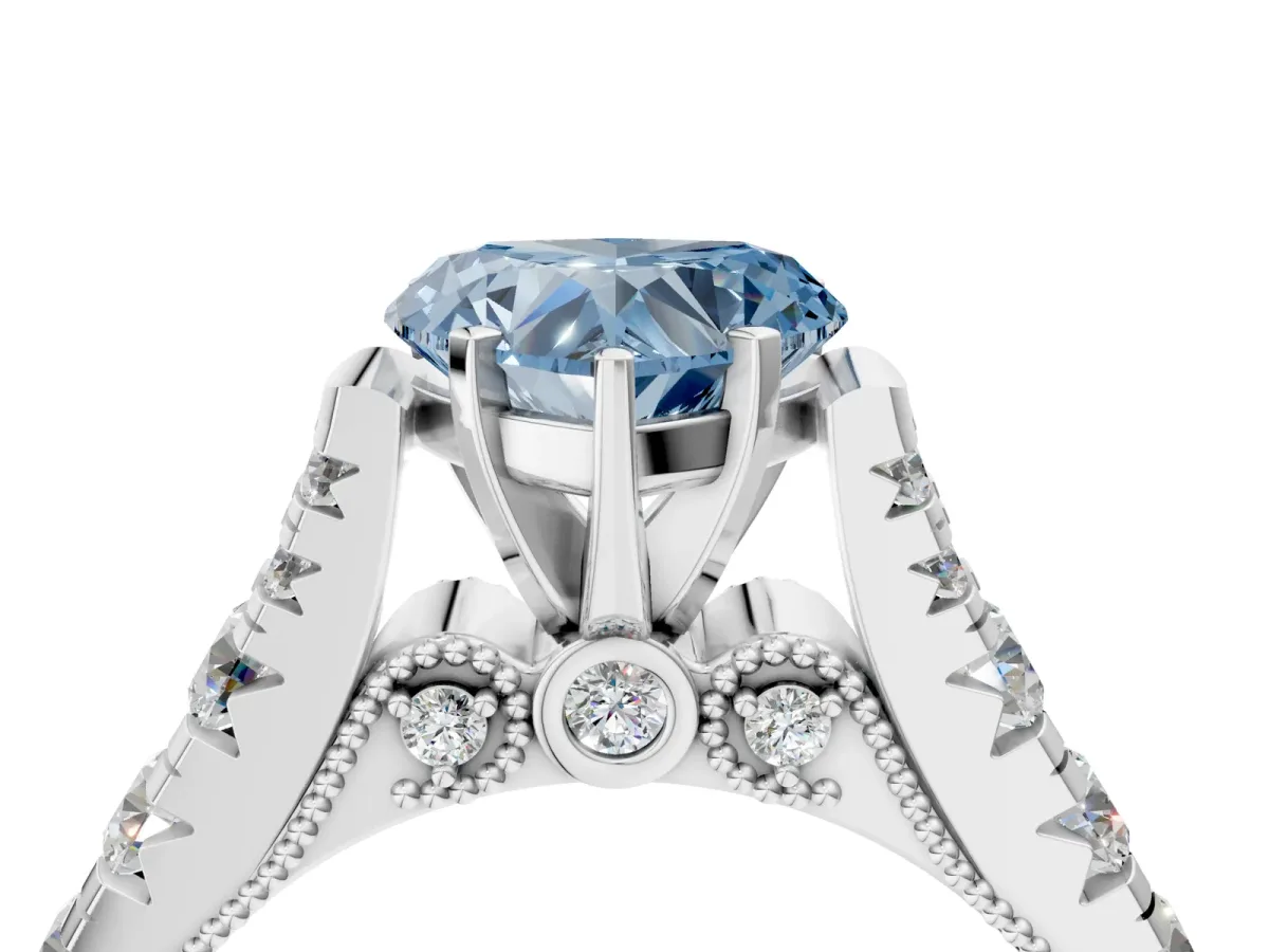 Fancy Blue Heart Cut Diamond Classic Solitaire Ring with Pavé Band and Four-Prong Setting Silver