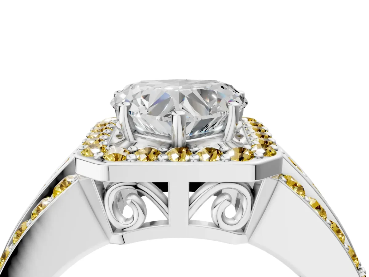Heart Cut Halo Diamond Ring with Round Yellow Sapphire Split Shank and Prong Setting Silver