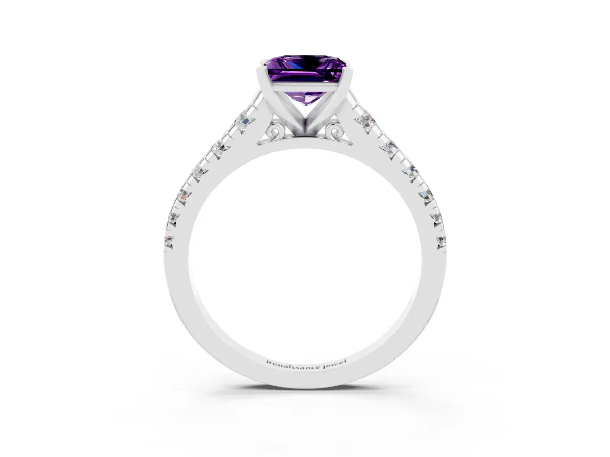 Princess Cut Amethyst Cathedral Solitaire Ring with Round Pavé Band Silver