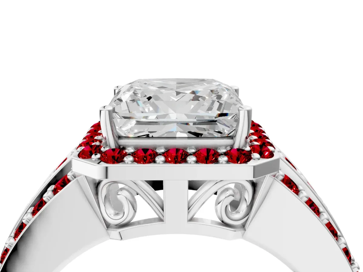 Princess Cut Halo Diamond Ring with Round Ruby Split Shank and Prong Setting Platinum