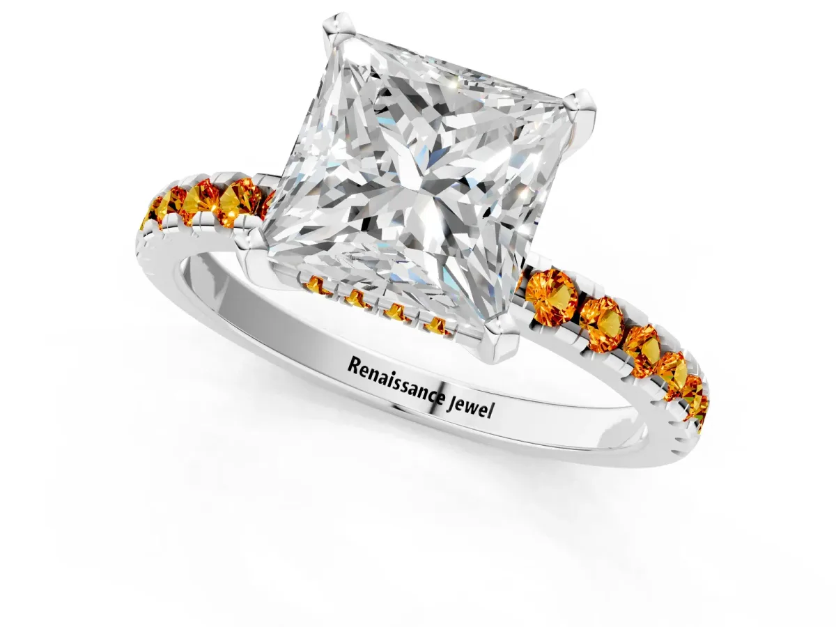 Princess Cut Diamond Solitaire Ring with Round Citrine Pavé Band and Four-Prong Setting Silver