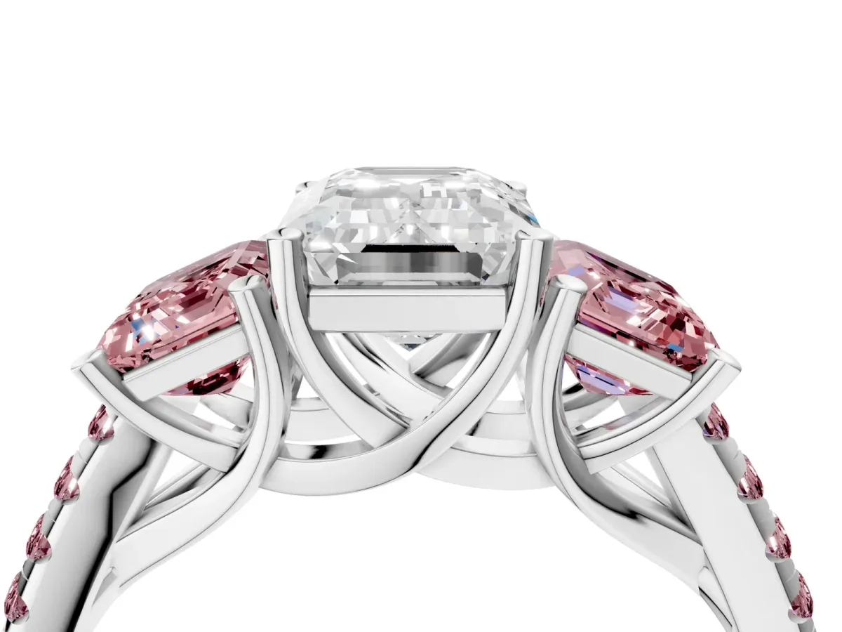 Three-Stone Emerald Cut Diamond Ring with Round Morganite Pavé Band and Prong Setting Silver