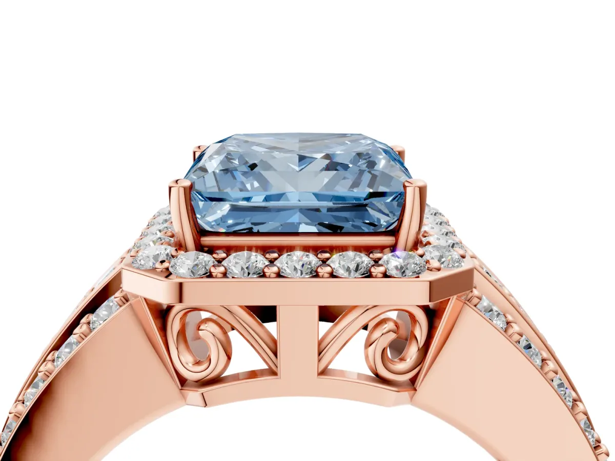 Fancy Blue Princess Cut Halo Diamond Ring with Round Split Shank and Prong Setting Rose gold