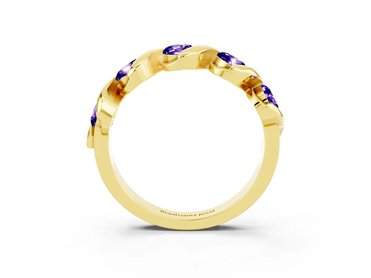 Round Tanzanite Wave Band with Channel Setting and Shared Prongs Yellow gold