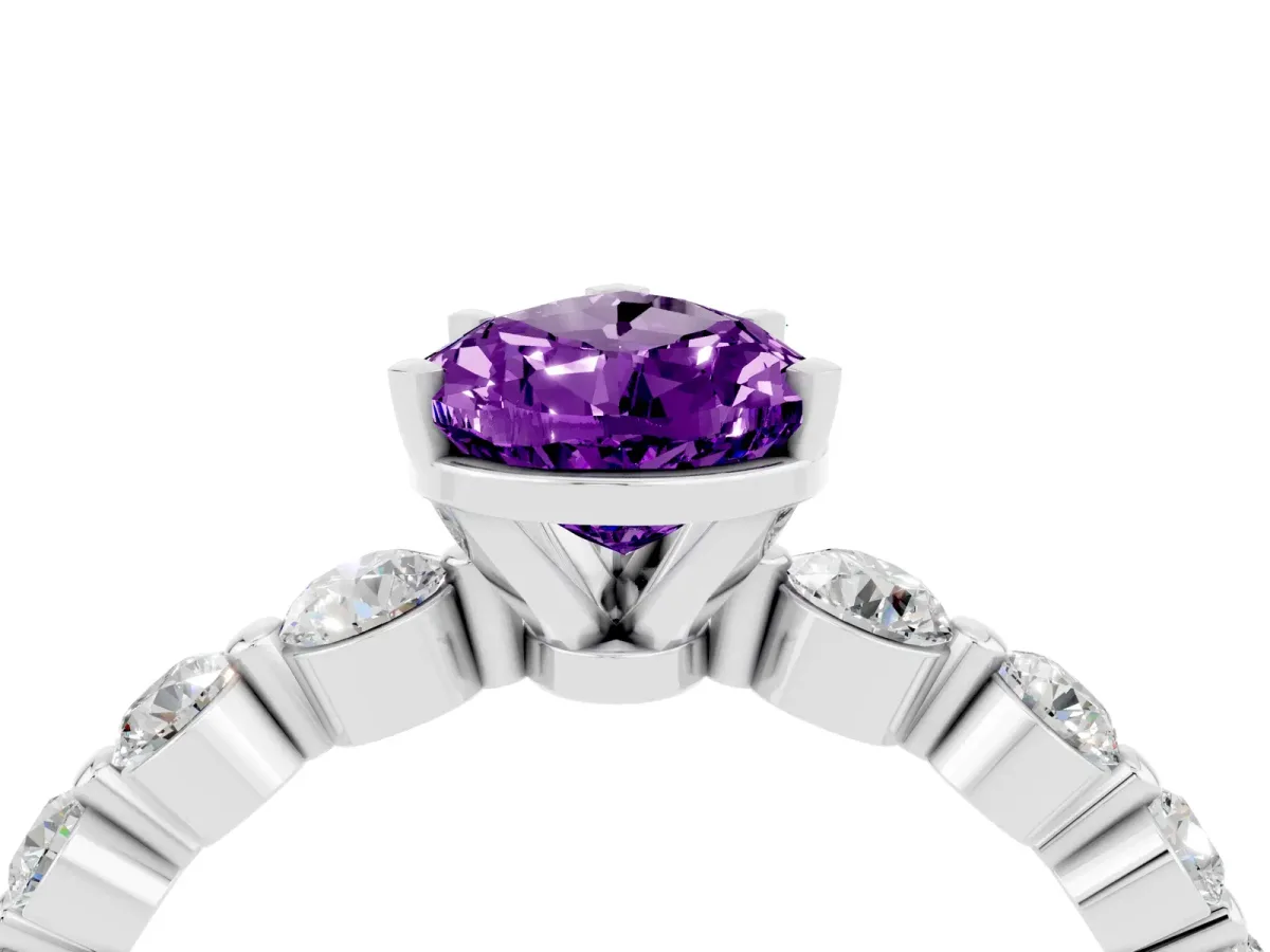 Pear Cut Solitaire Amethyst Ring with Pave Band and Four-Prong Setting Silver