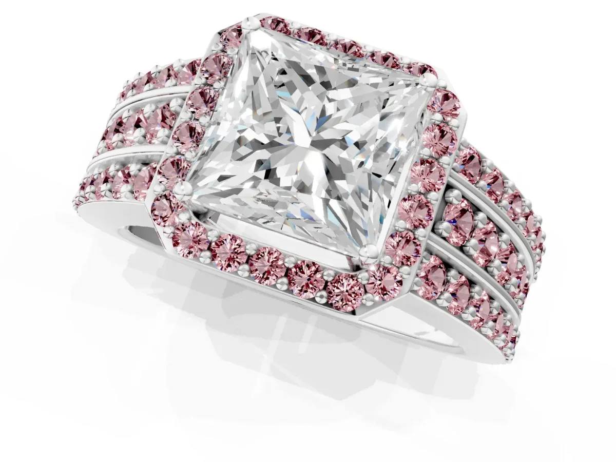 Princess Cut Halo Diamond Ring with Round Morganite Split Shank and Prong Setting Silver