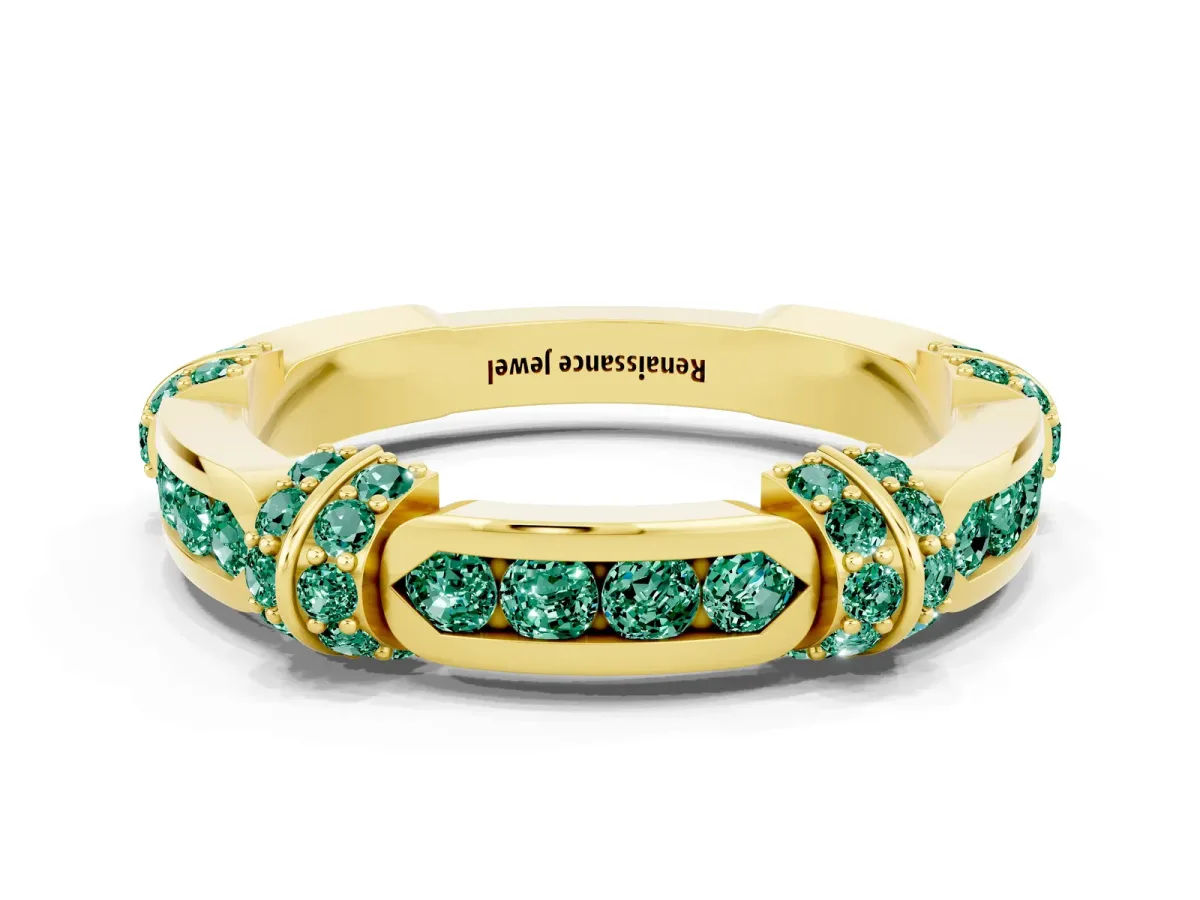 Pavé Round Green Sapphire Link Band with Bezel Setting Yellow gold