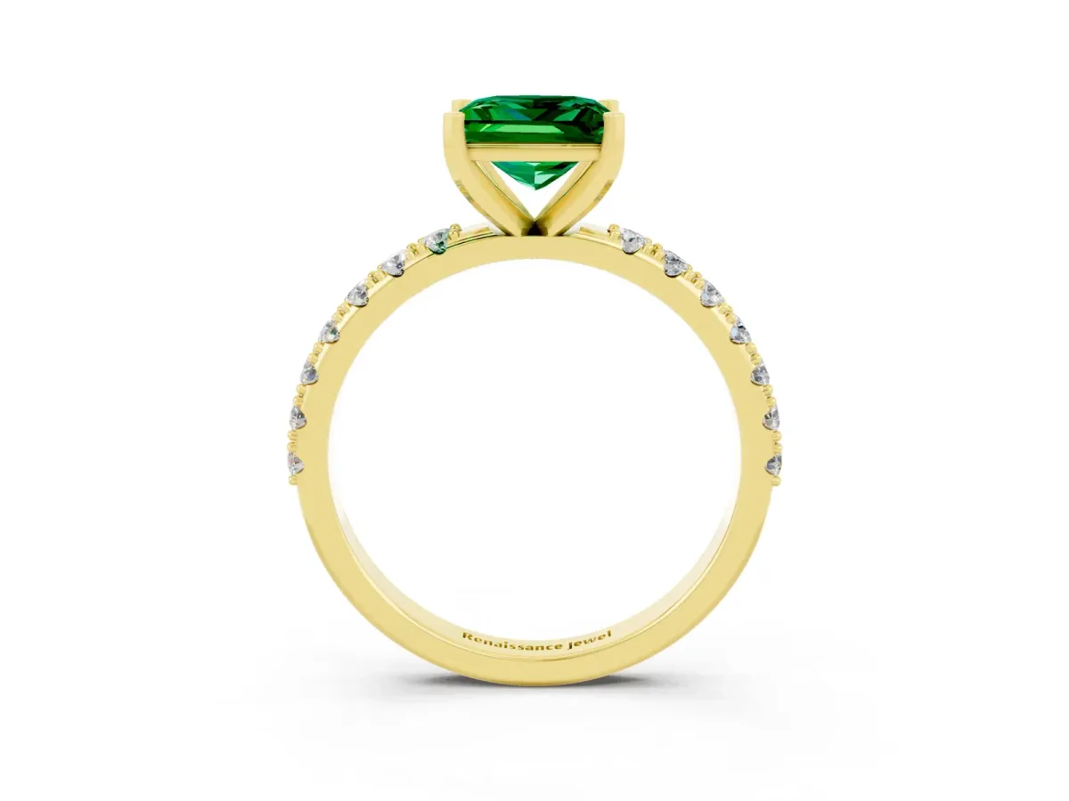 Princess Cut Emerald Solitaire Pavé Band with Four-Prong Setting Yellow gold