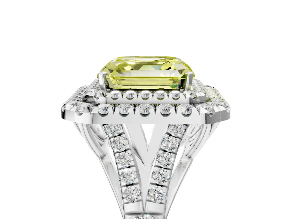Fancy Yellow Asscher Cut Cut Double Halo Split Shank Diamond Ring with Prong Setting Platinum