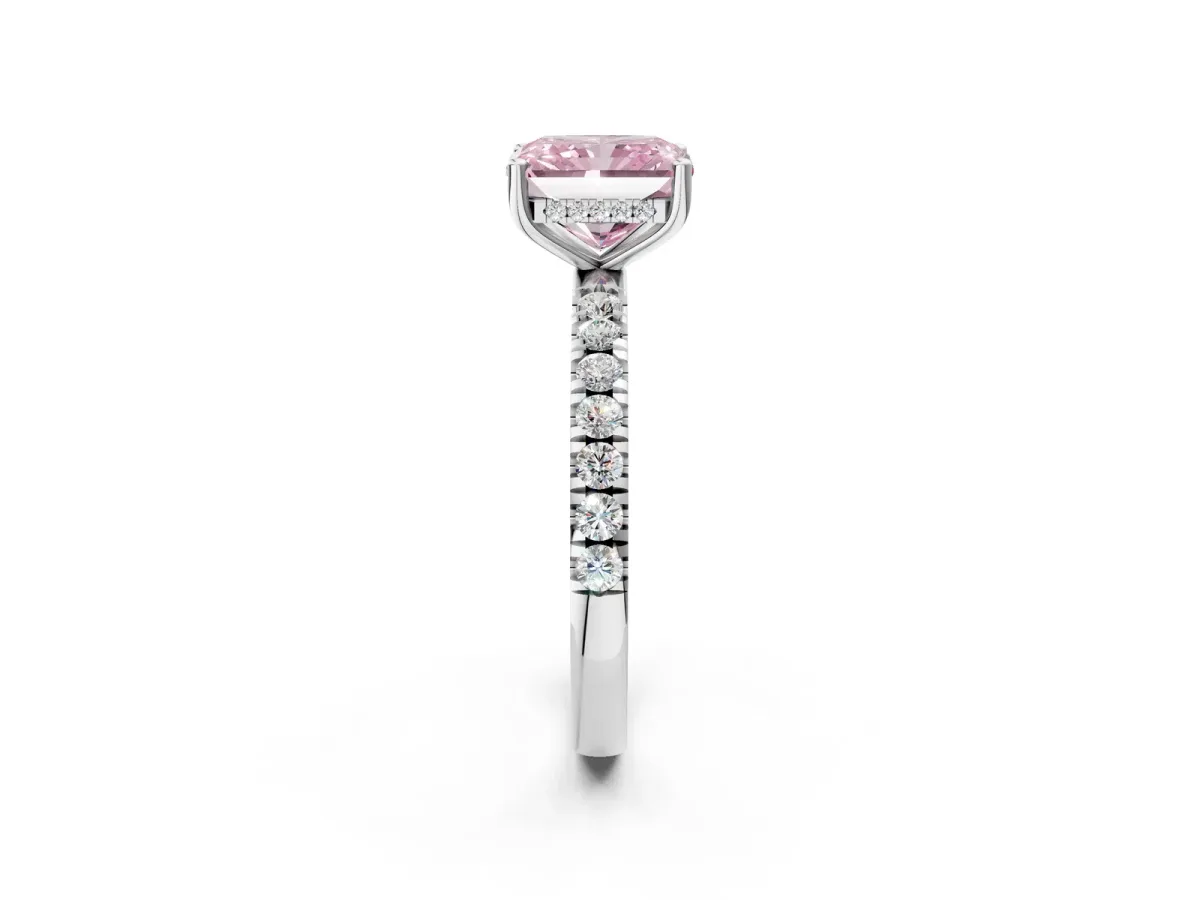 Fancy Pink Radiant Cut Diamond Pave Band Solitaire Ring with Round and Prong Setting Silver
