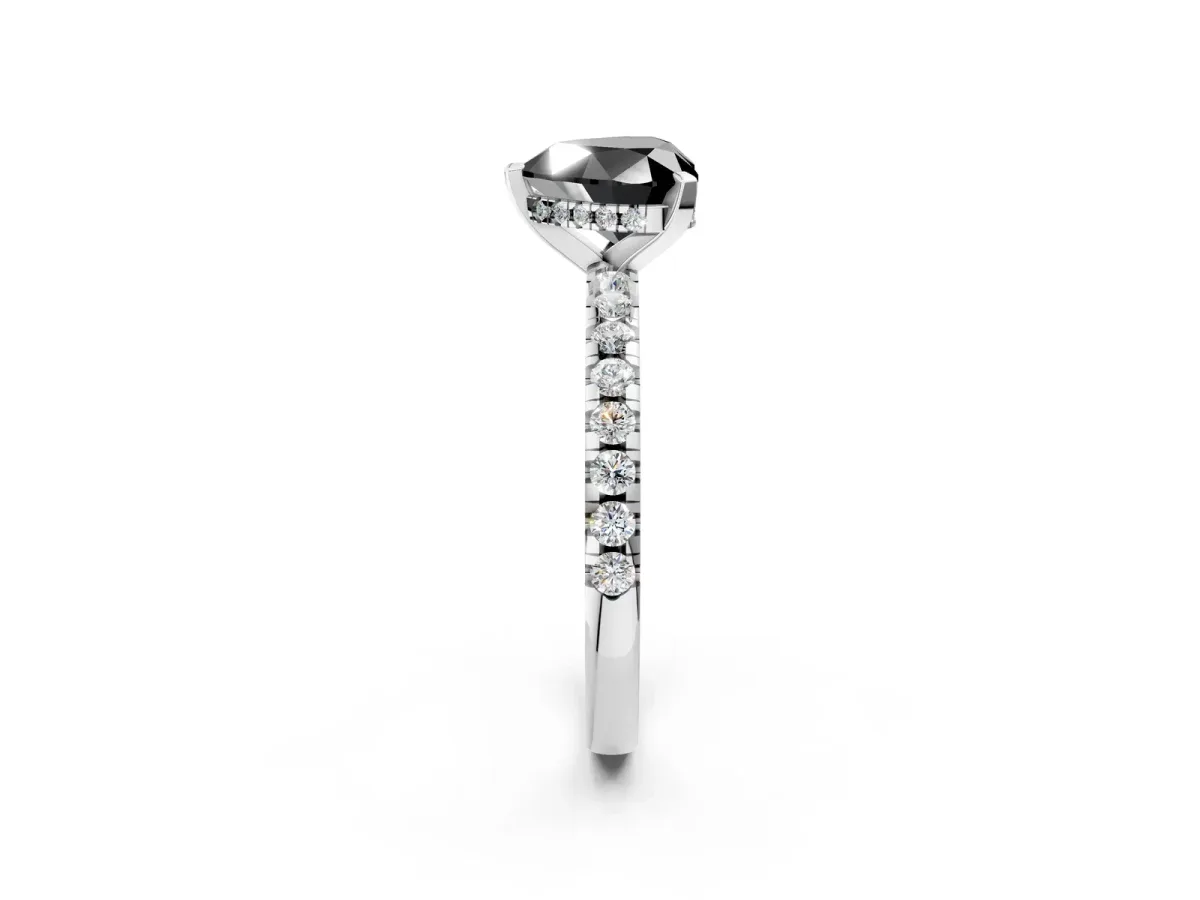 Fancy Black Heart Cut Diamond Solitaire Ring with Round Pavé Band and Four-Prong Setting Silver