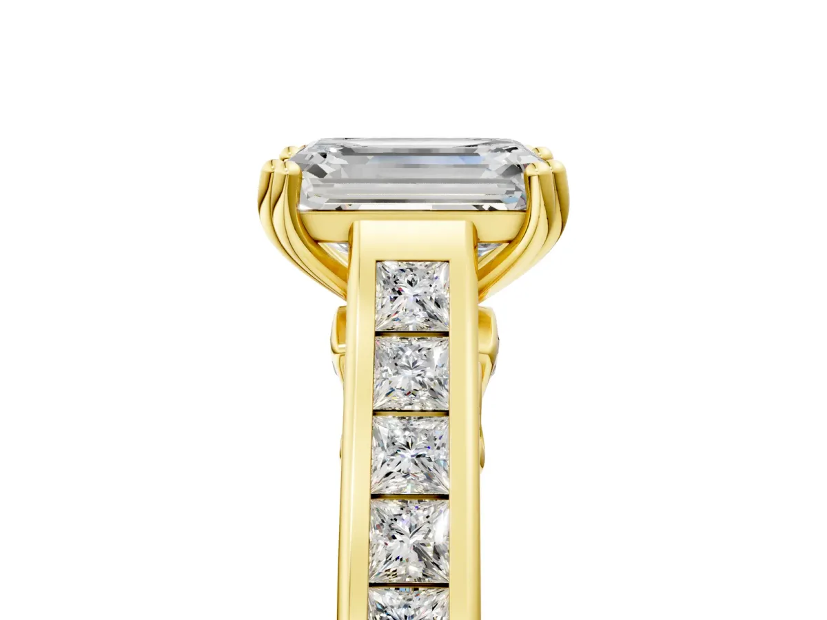 Emerald Cut Cut Channel Set Solitaire Engagement Ring with Prong Setting Yellow gold