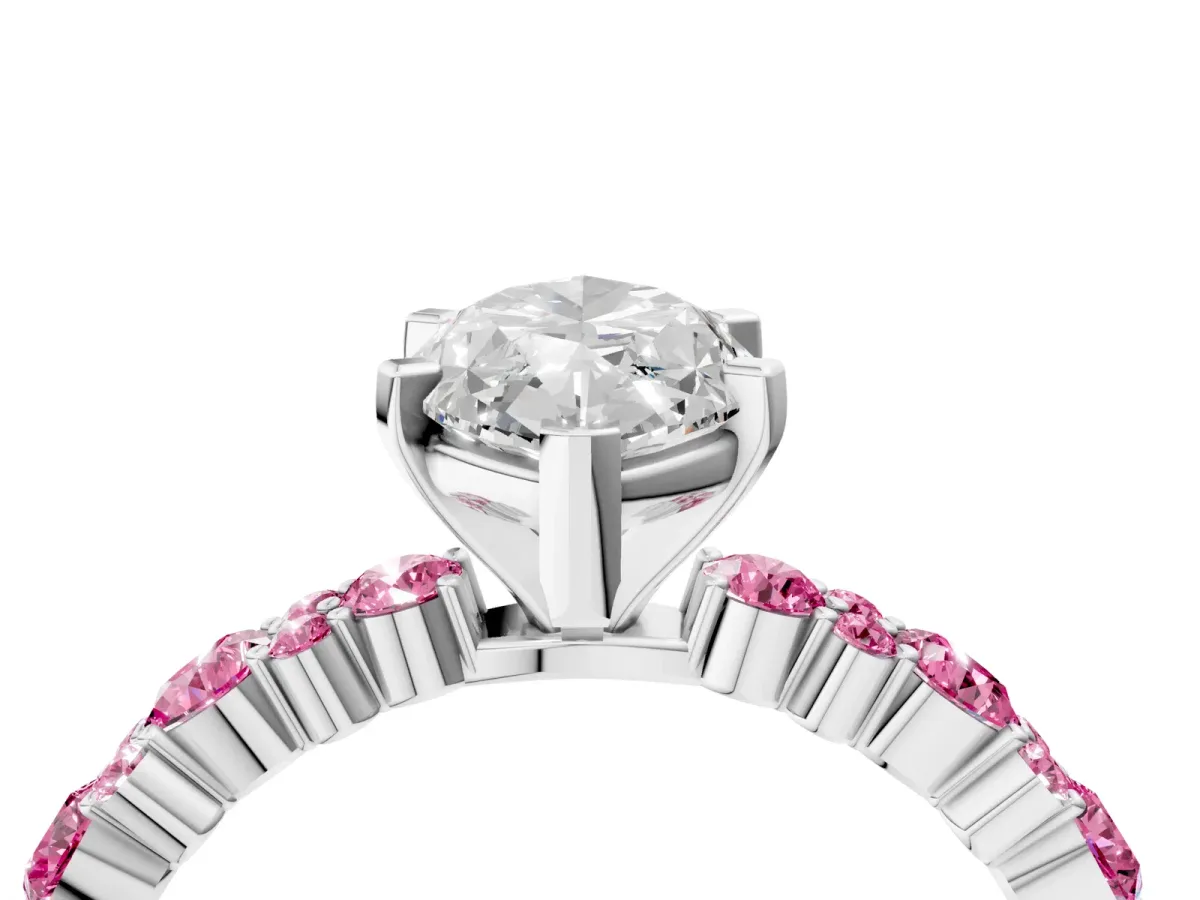 Marquise Cut Diamond Side Stone Solitaire Ring with Round Pink Sapphire and Four-Prong Setting Silver