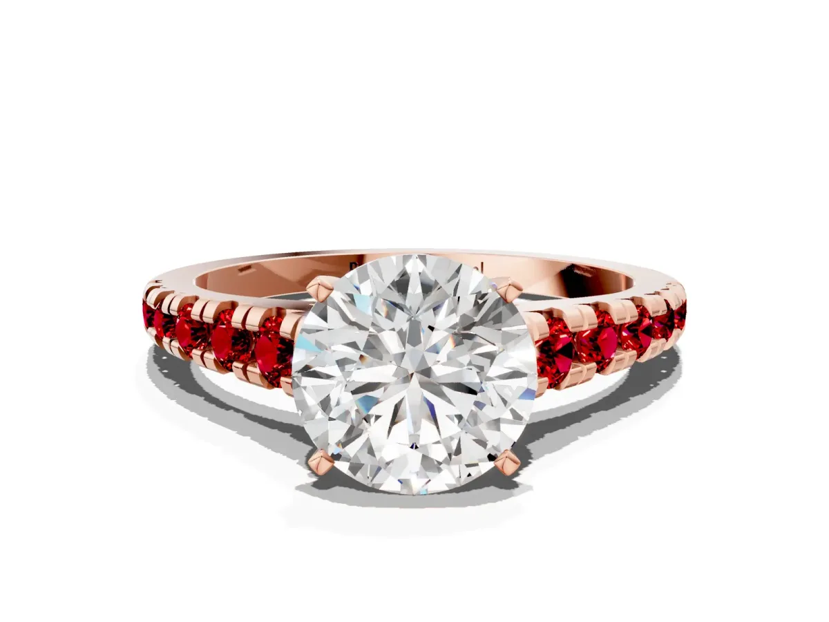 Round Cut Diamond Cathedral Solitaire Ring with Round Ruby Pavé Band Rose gold