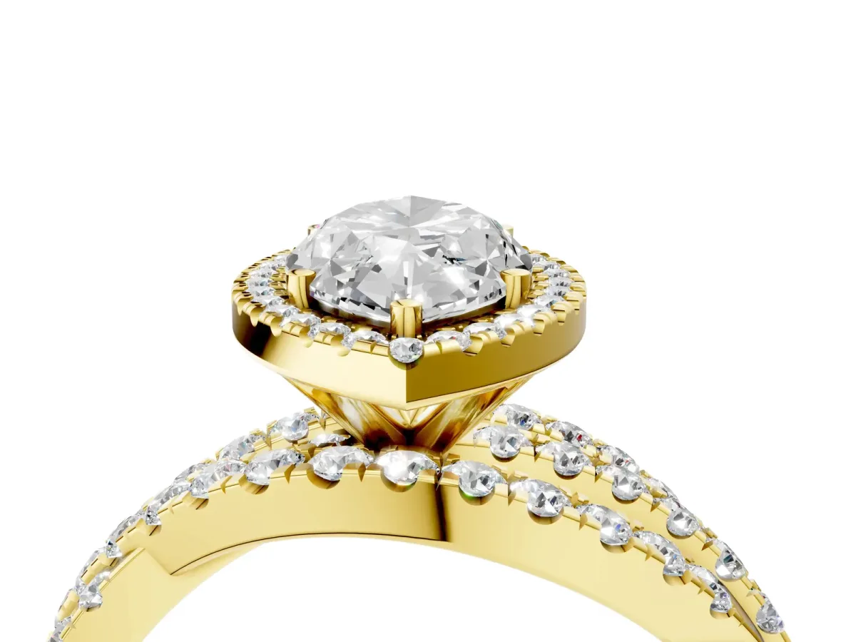 Marquise Cut Diamond Halo Ring with Round Split Shank and Prong Setting Yellow gold