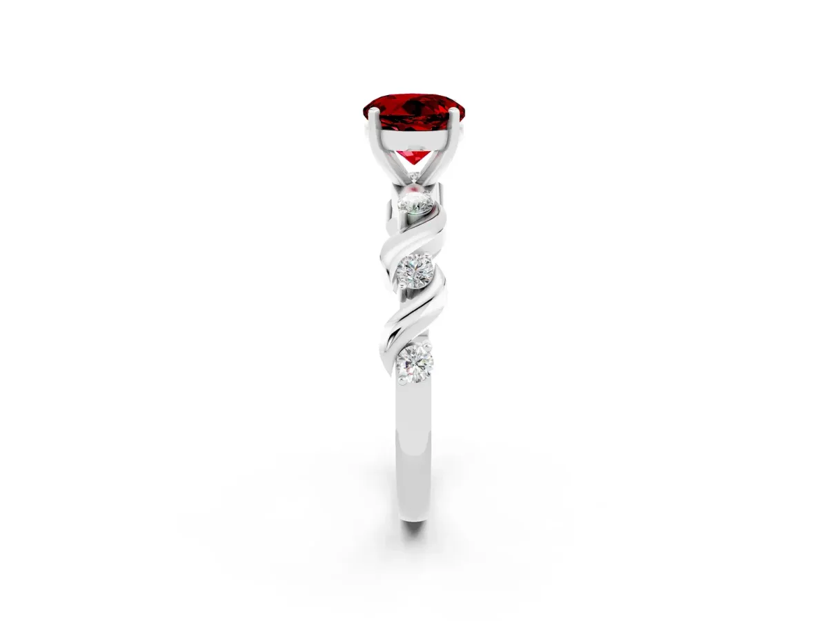 Round Cut Ruby Solitaire Twisted Band with Round Accents and Prong Setting White gold