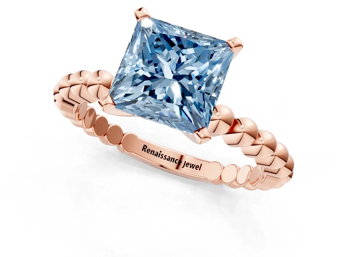 Fancy Blue Princess Cut Diamond Solitaire Ring with Beaded Band and Prong Setting Rose gold