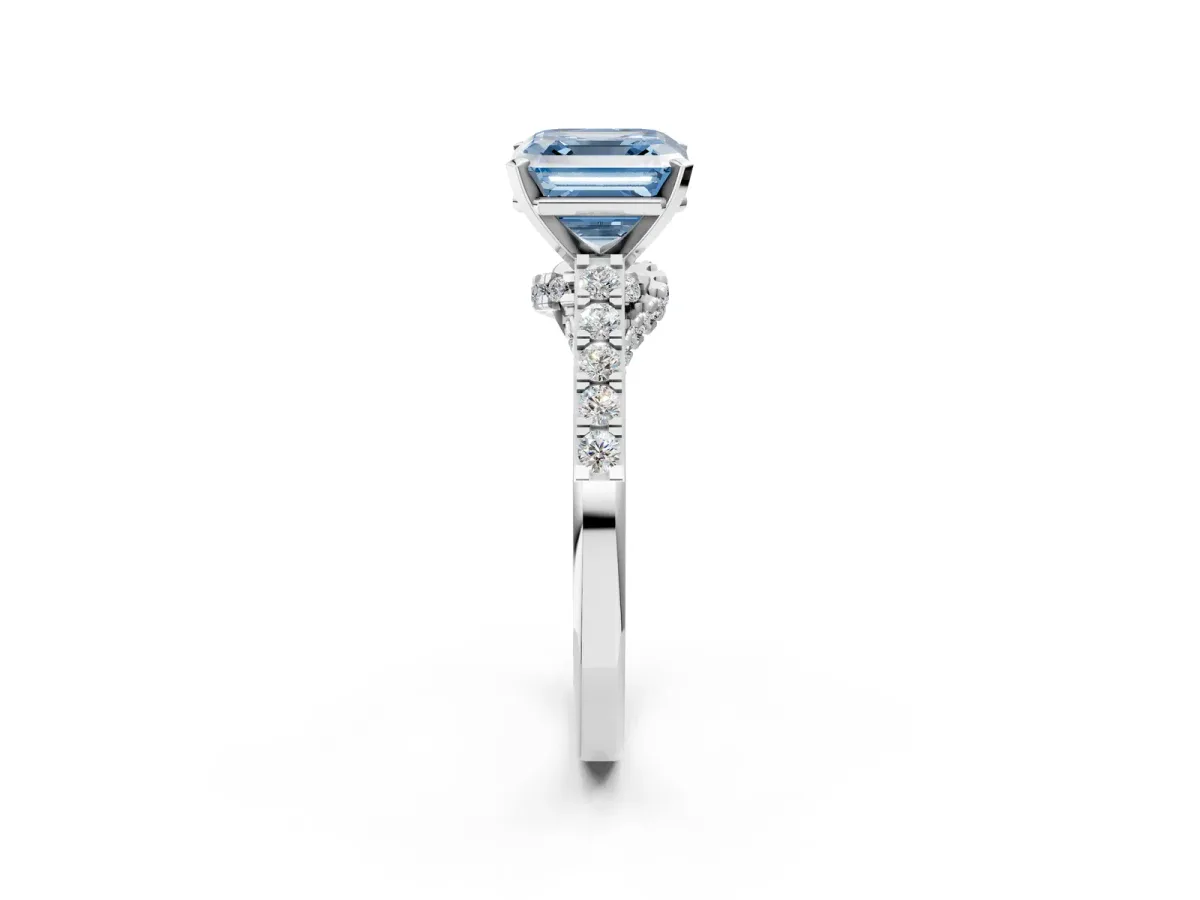 Fancy Blue Asscher Cut Diamond Solitaire Ring with Crossover Gallery and Round Pavé Band Silver