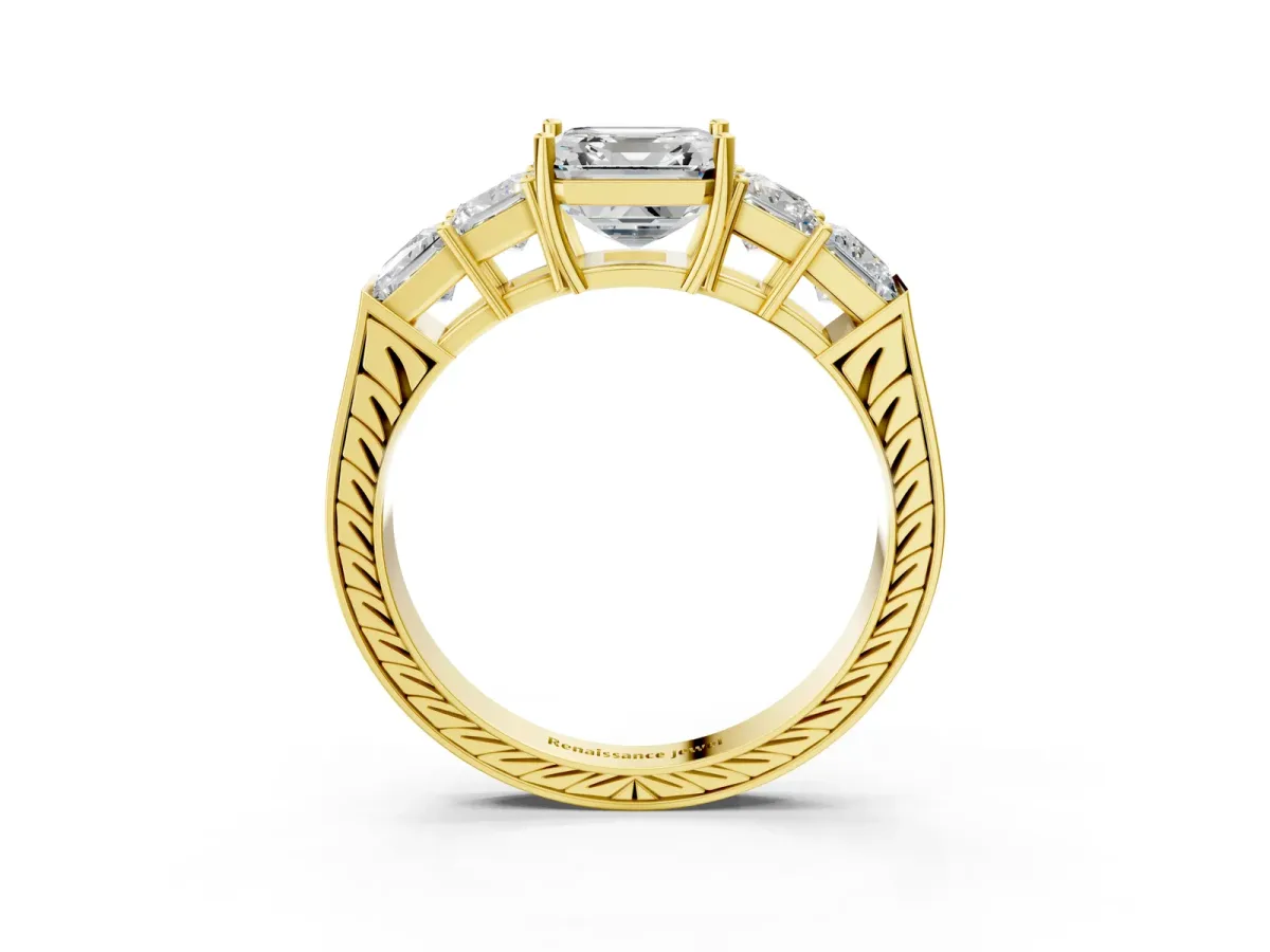 Asscher Cut Solitaire Princess Side Stone Engraved Band Prong Setting Ring Yellow gold