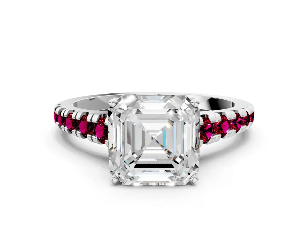 Asscher Cut Diamond Cathedral Solitaire Ring with Round Garnet Pavé Band Silver