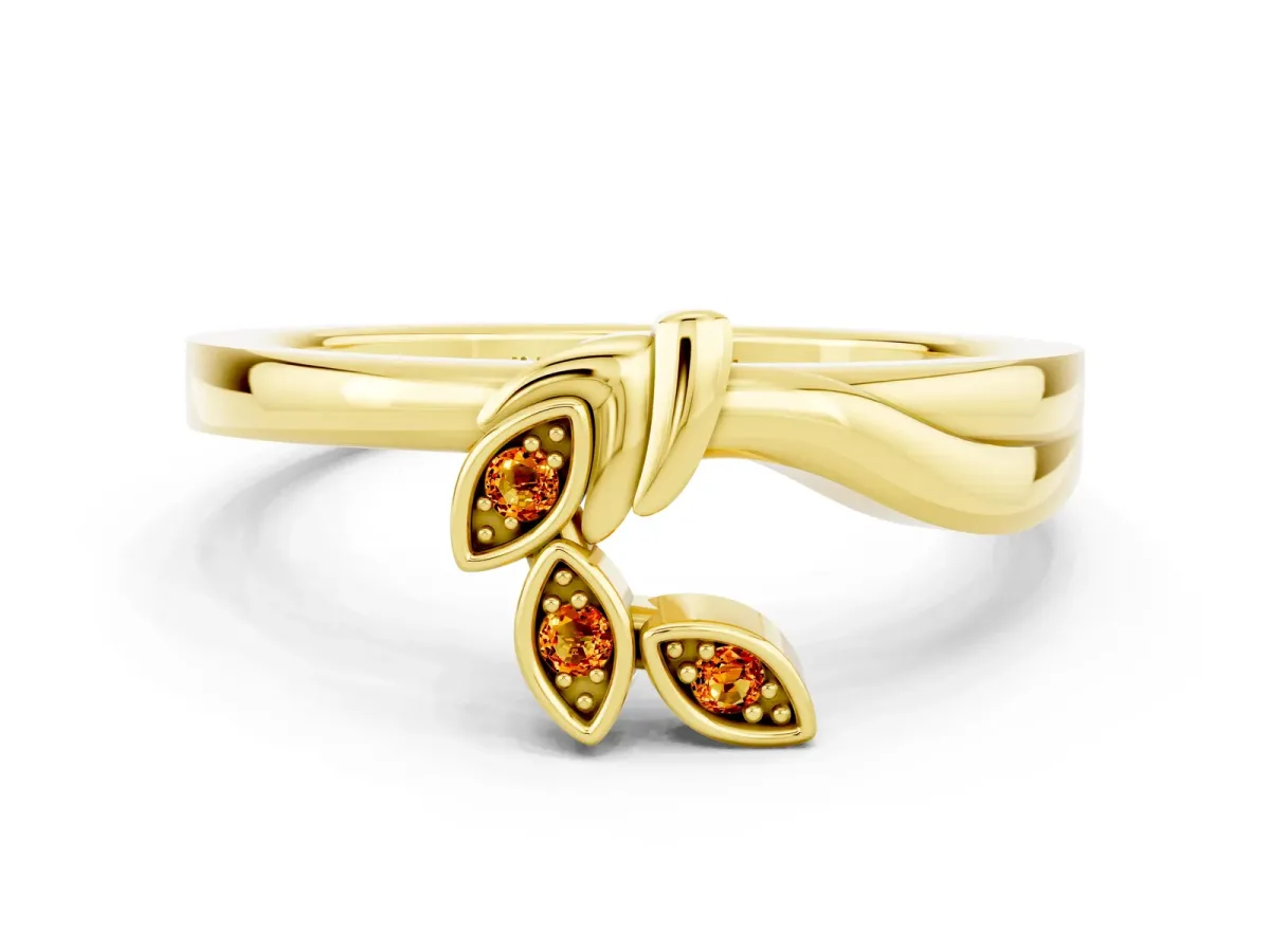 Three-Stone Round Citrine Leaf Bypass Ring with Bezel Setting Yellow gold