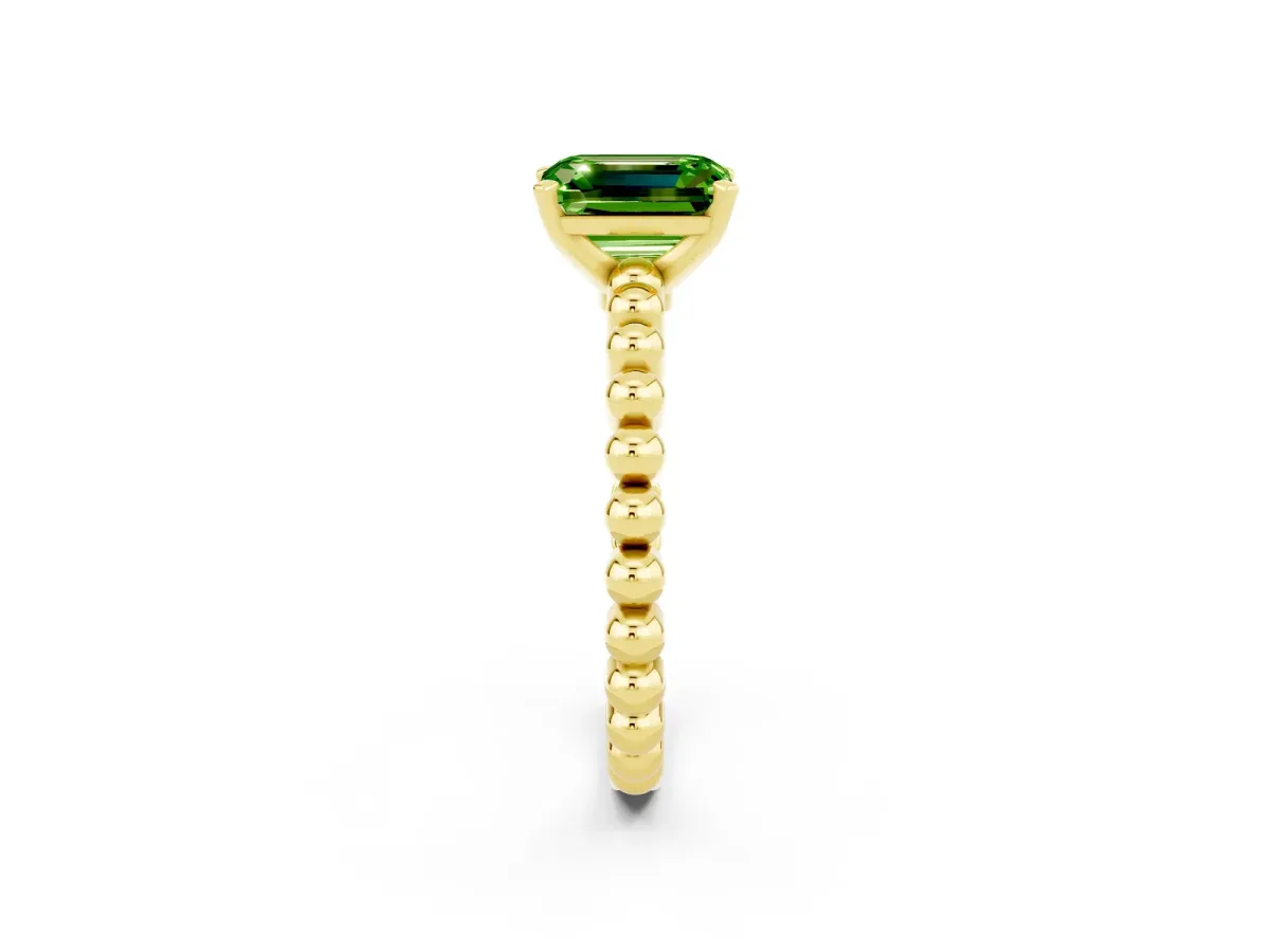 Emerald Cut Peridot Solitaire Ring with Beaded Band and Prong Setting Yellow gold