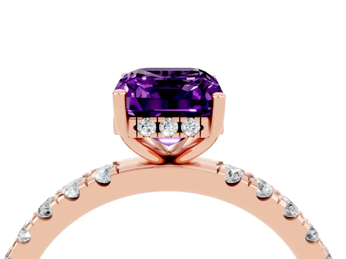 Emerald Cut Amethyst Pave Band Solitaire Ring with Round and Prong Setting Rose gold