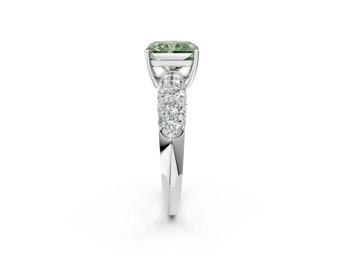 Fancy Green Radiant Cut Diamond Pavé Band Solitaire Ring with Four-Prong Setting Platinum