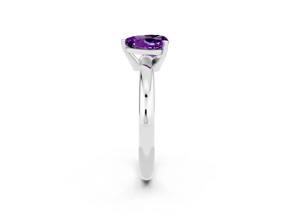 Heart Cut Amethyst Solitaire Engagement Ring with Round Band and Four-Prong Setting Silver