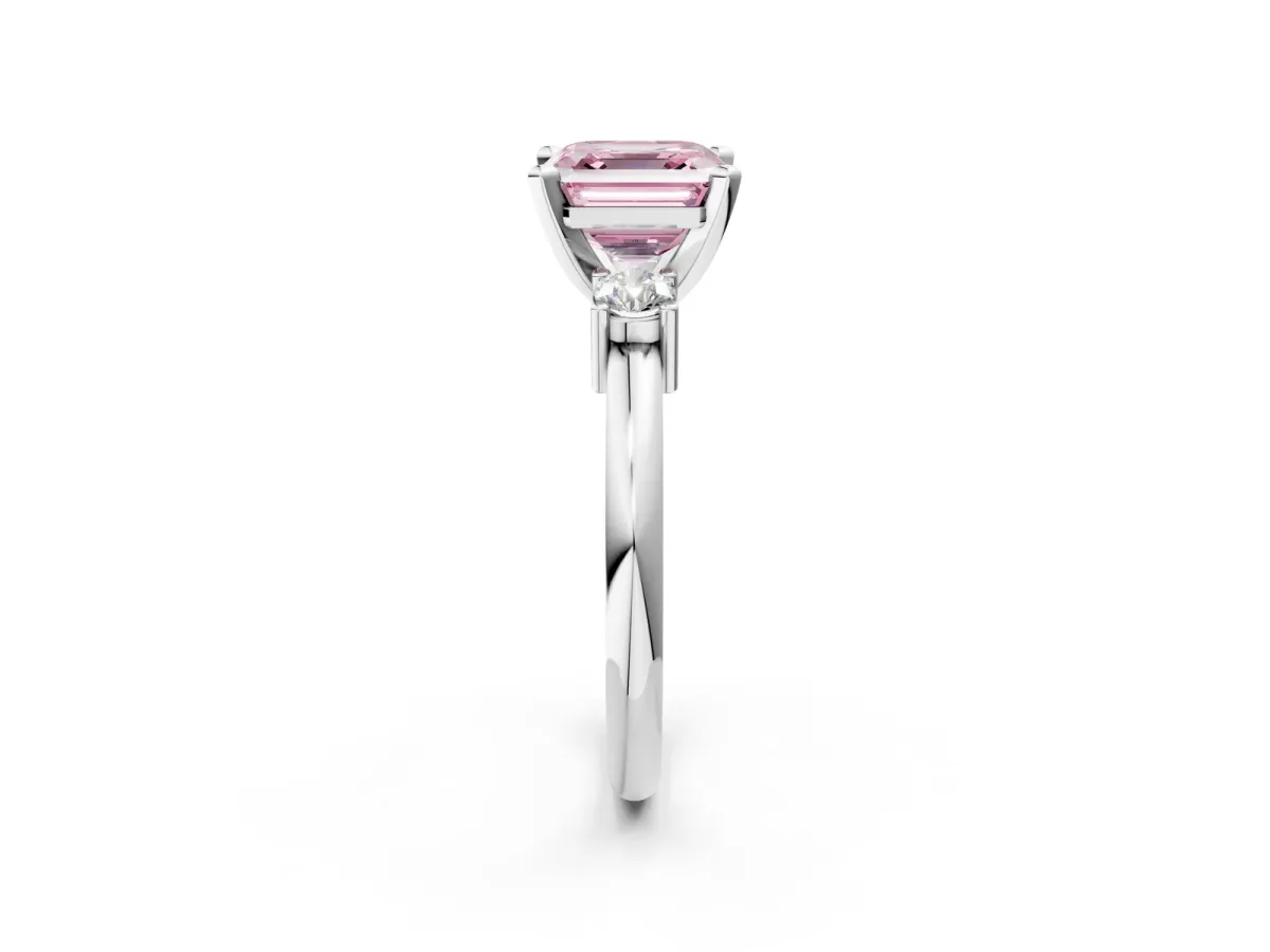 Fancy Pink Three-Stone Asscher Cut Cut Diamond Solitaire with Prong Setting and Classic Band Platinum