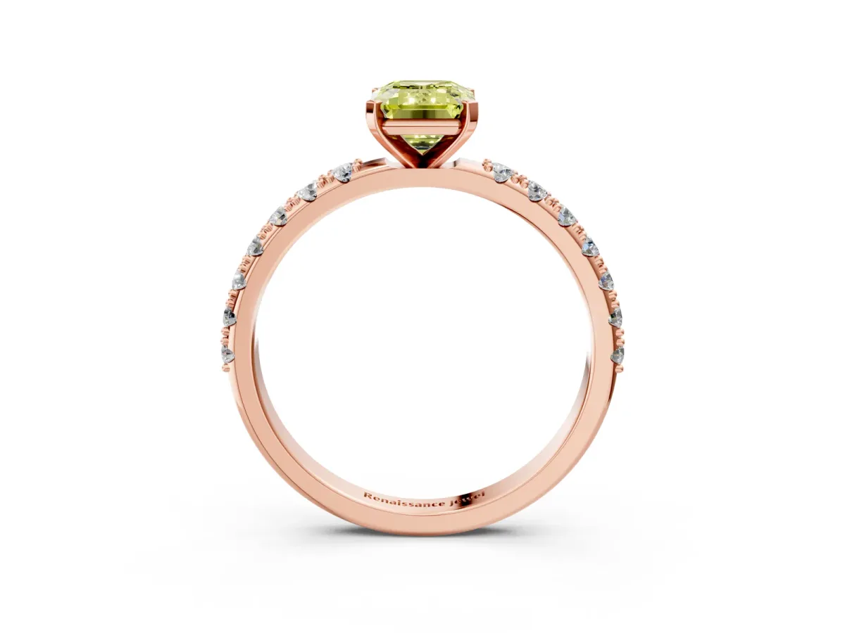 Fancy Yellow Emerald Cut Diamond Solitaire Pavé Band with Four-Prong Setting Rose gold