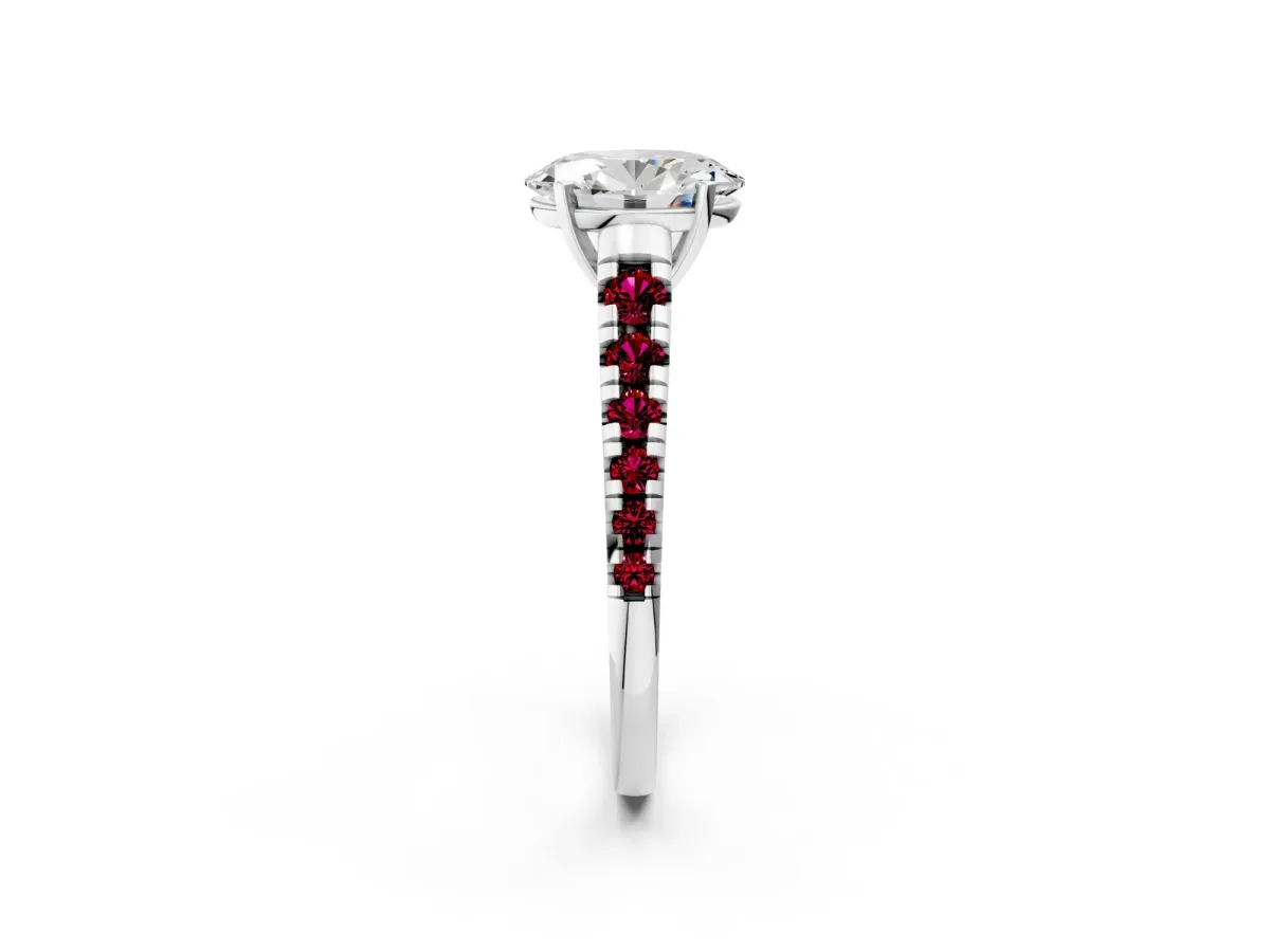 Oval Cut Diamond Cathedral Solitaire Ring with Round Garnet Pavé Band Platinum