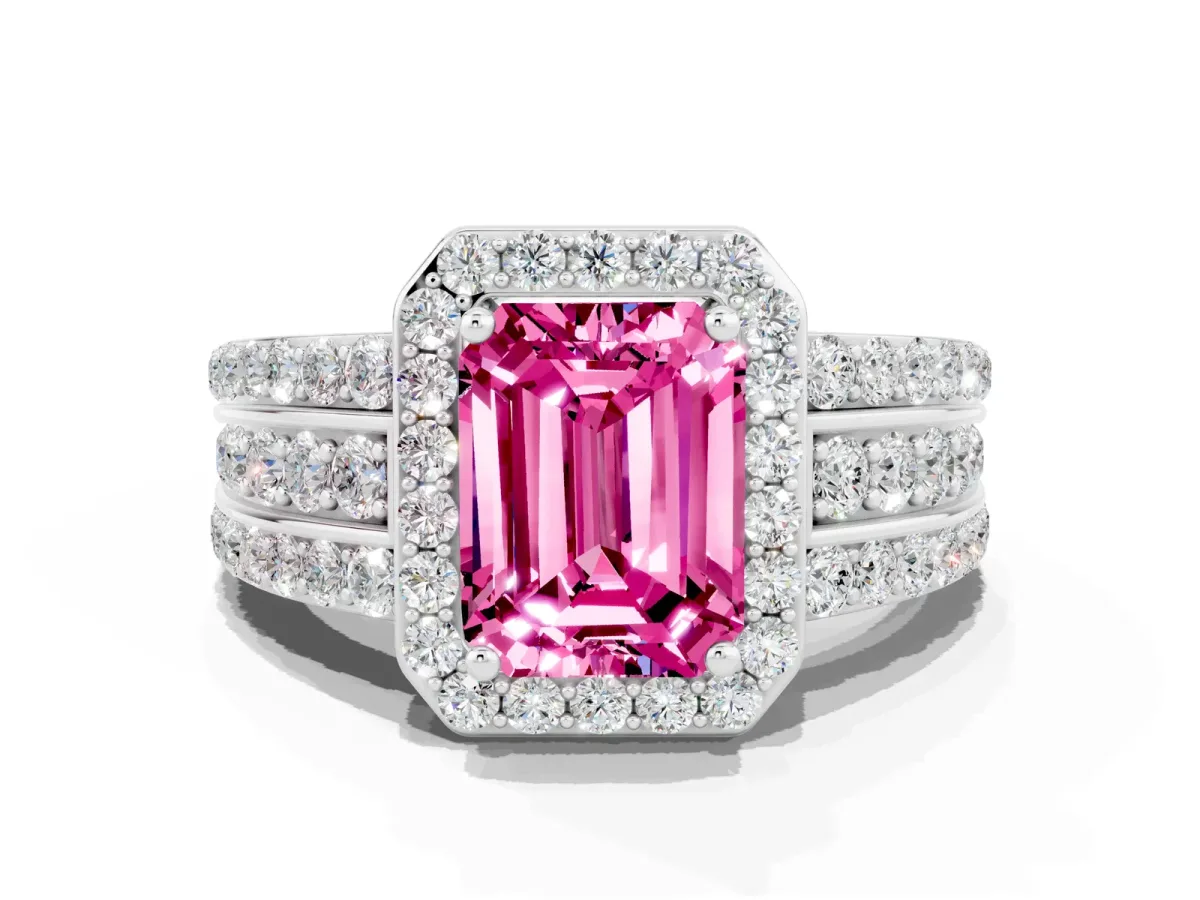 Emerald Cut Halo Pink Sapphire Ring with Round Split Shank and Prong Setting Platinum