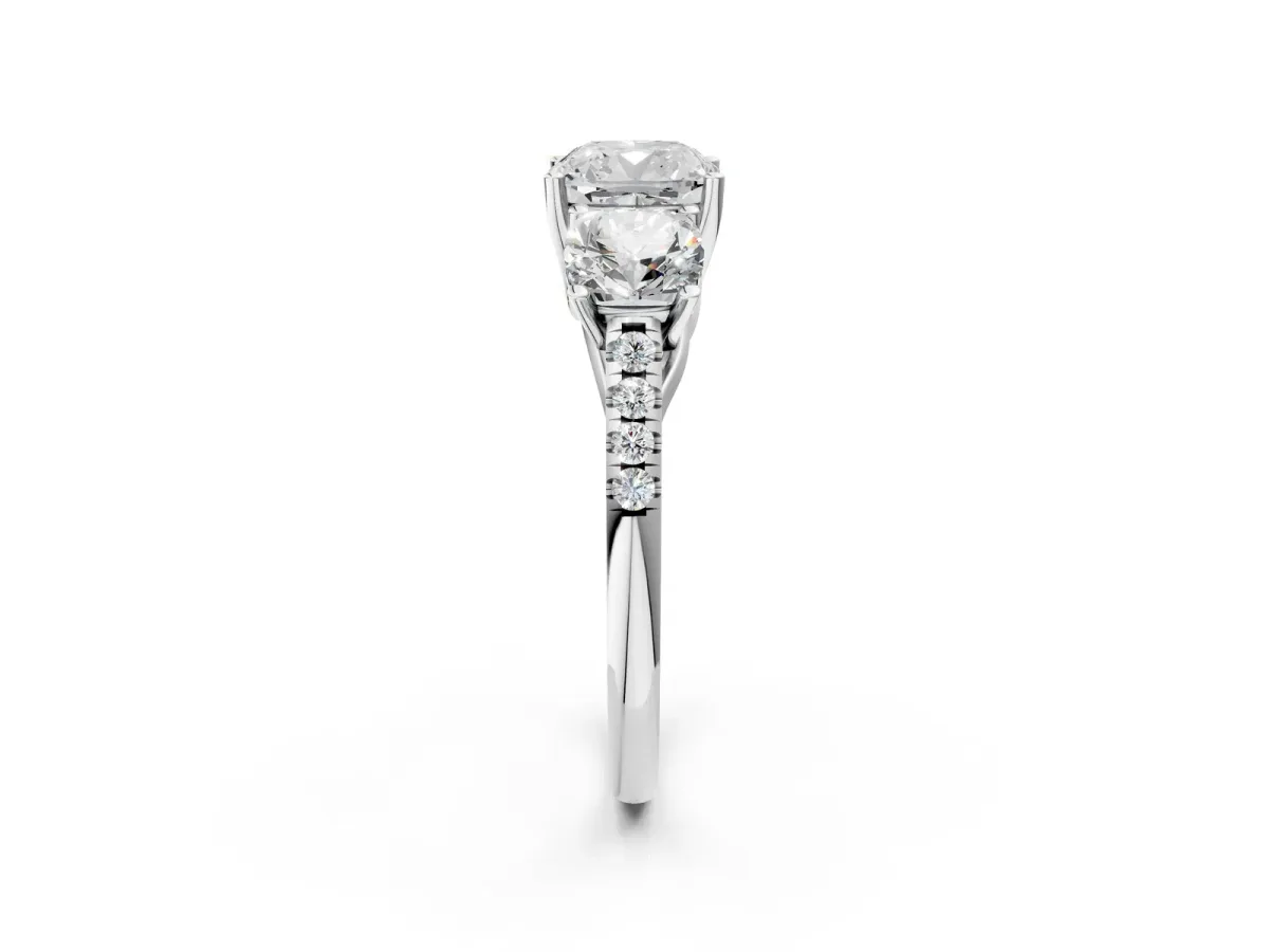 Three-Stone Cushion Cut Diamond Ring with Round Moissanite Pavé Band and Prong Setting Silver