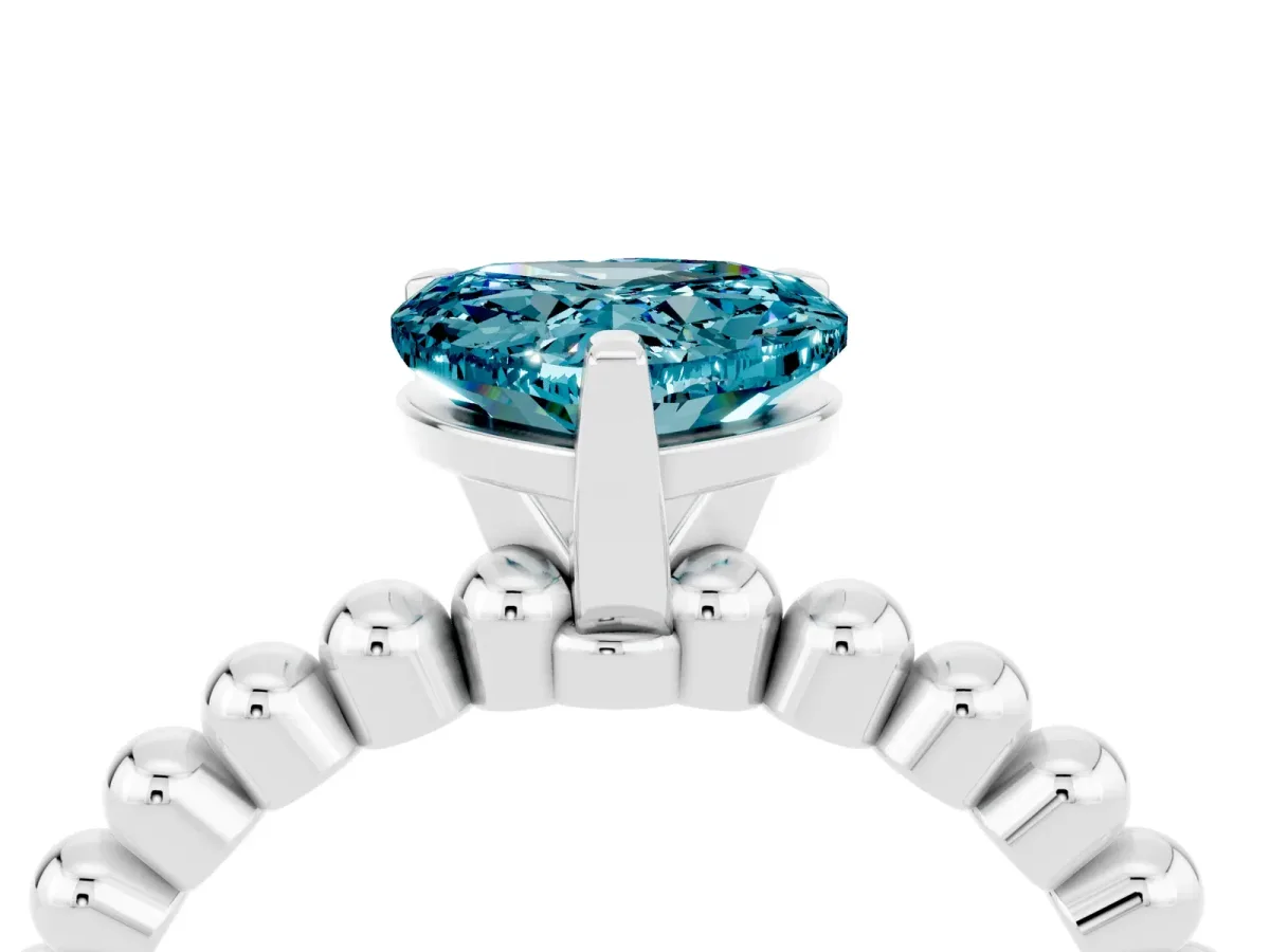 Heart Cut Blue Topaz Solitaire Ring with Beaded Band and Prong Setting Silver