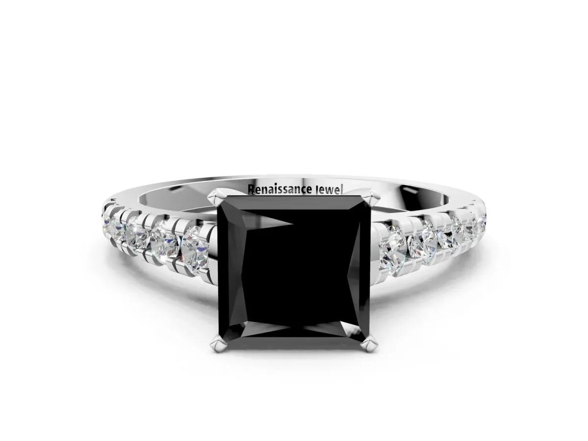 Fancy Black Princess Cut Diamond Cathedral Solitaire Ring with Round Pavé Band Platinum