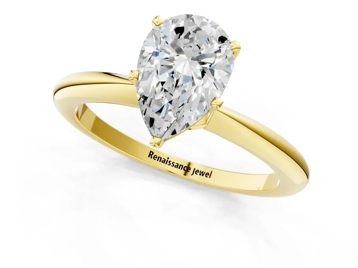 Pear Cut Diamond Solitaire Ring with Six-Prong Setting and Classic Band Yellow gold