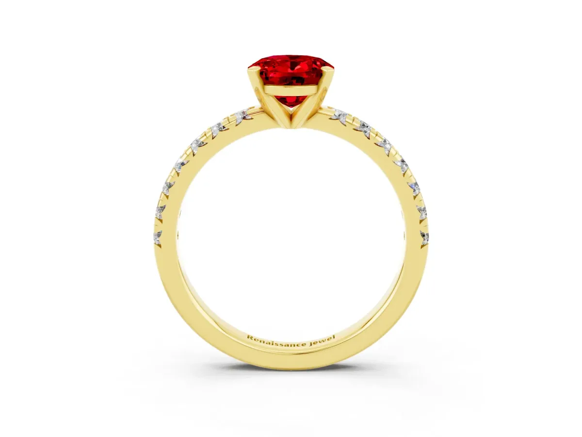 Oval Cut Ruby Solitaire Pavé Engagement Ring with Round Band and Prong Setting Yellow gold