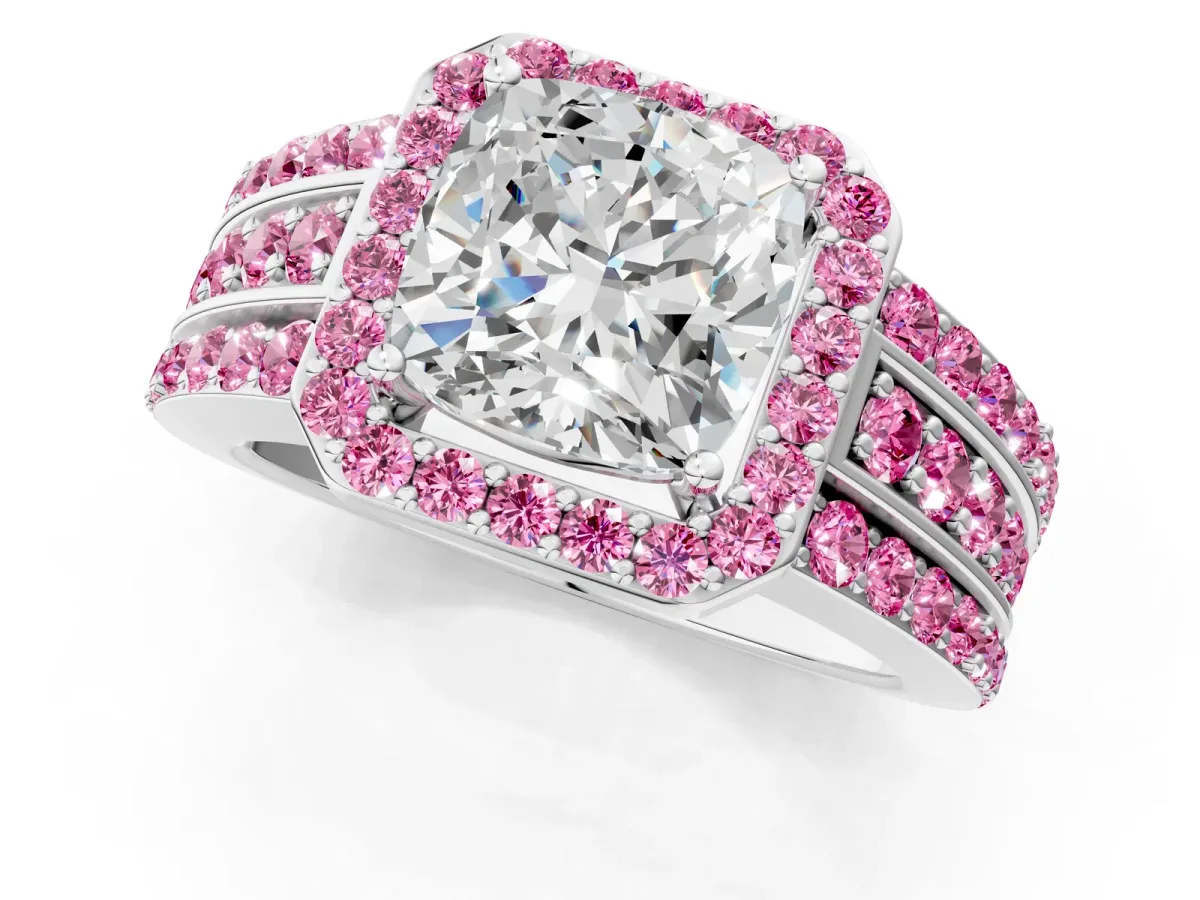 Cushion Cut Halo Diamond Ring with Round Pink Sapphire Split Shank and Prong Setting Silver