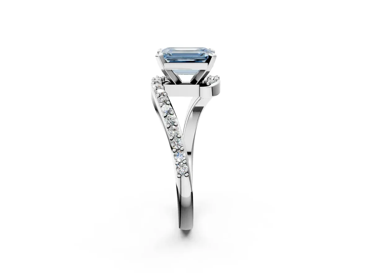 Fancy Blue Emerald Cut Solitaire Twist Band with Pave Set Diamonds and Four-Prong Setting Platinum