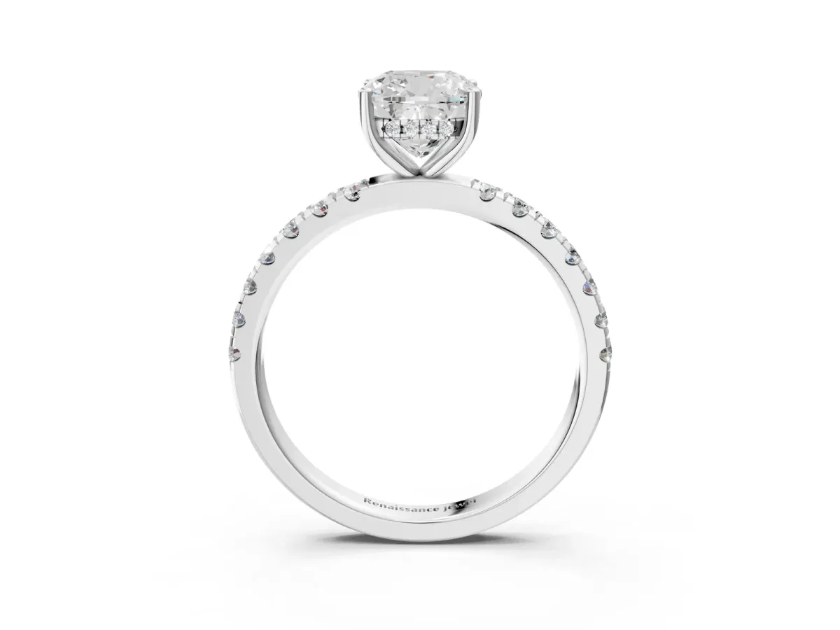 Cushion Cut Diamond Pave Band Solitaire Ring with Round Moissanite and Prong Setting Silver