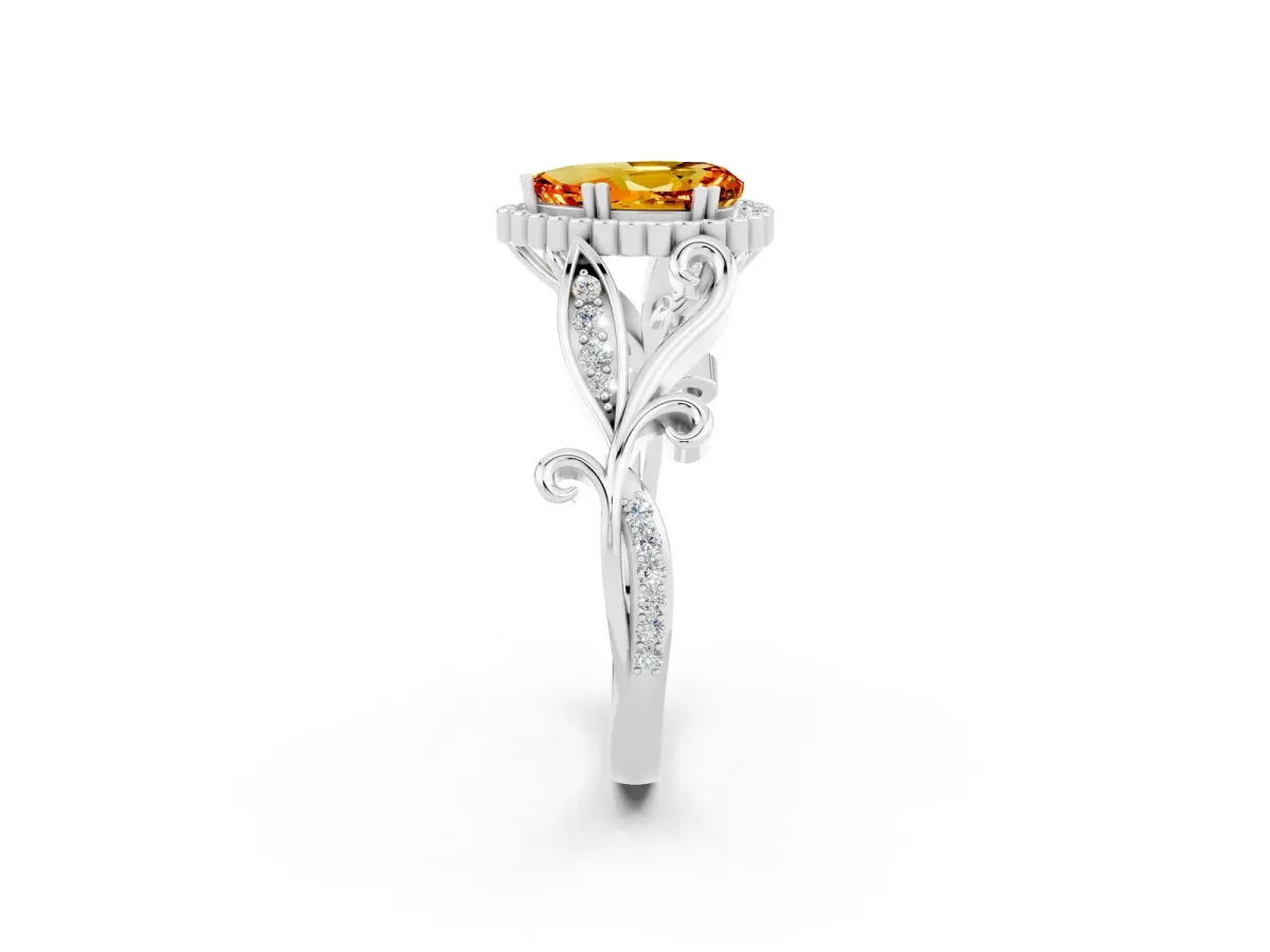 Pear Cut Citrine Halo Ring with Vintage Split Shank and Four-Prong Setting Platinum