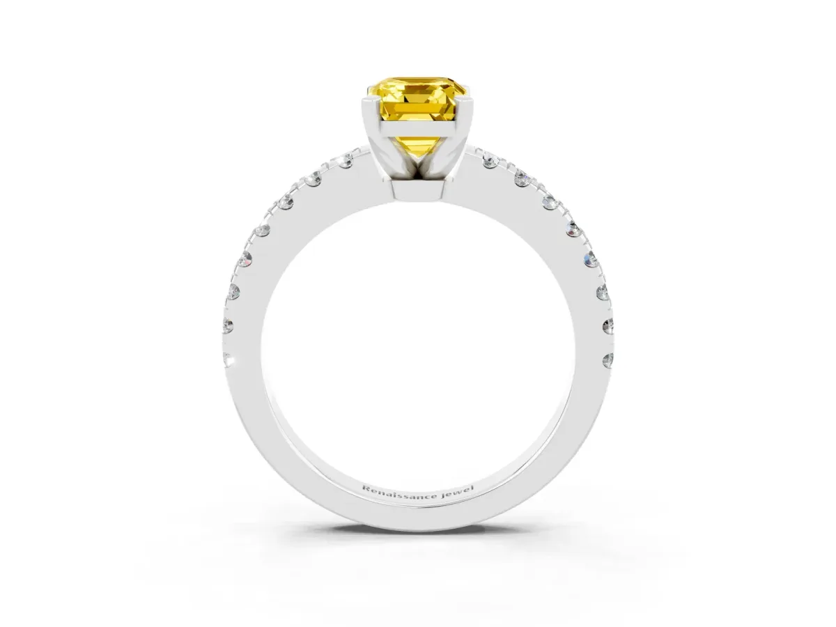 Emerald Cut Solitaire Yellow Sapphire with Pavé Band and Four-Prong Setting Silver