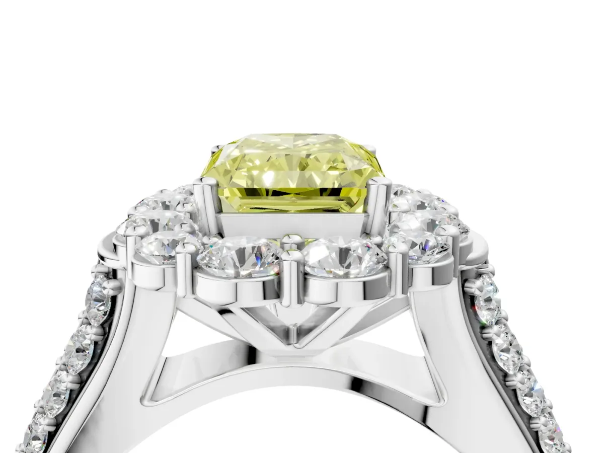 Fancy Yellow Radiant Cut Halo Diamond Engagement Ring with Split Shank and Prong Setting Platinum
