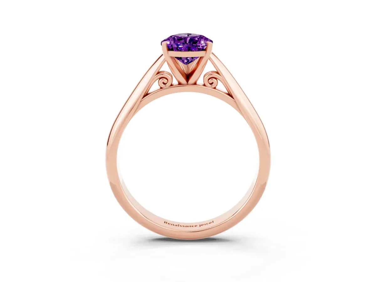 Pear Cut Amethyst Solitaire Engagement Ring with Cathedral Setting and Four-Prong Mount Rose gold
