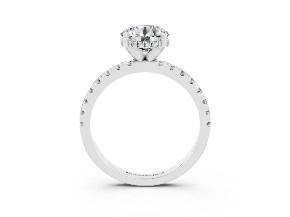 Round Cut Moissanite Solitaire Ring with Round Pavé Band and Four-Prong Setting Silver